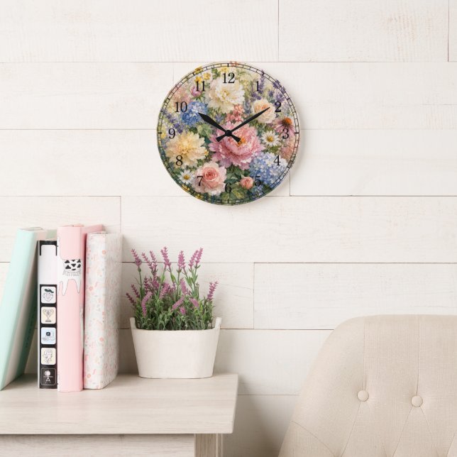 Grande Horloge Ronde Floral Wall Clock — Botanical Design (Salle de lecture)
