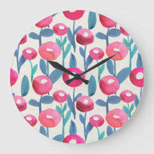 Grande Horloge Ronde Floraux illustrés à la main : texture aquarelle.