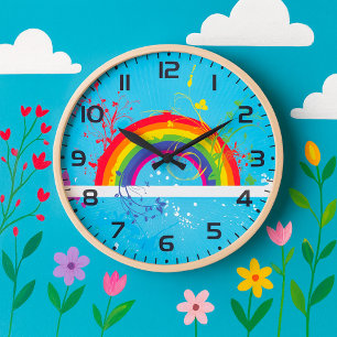 Grande Horloge Ronde Flore arc-en-ciel Abstraite et plaque de peinture