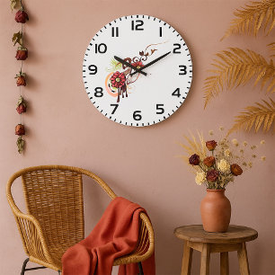 Grande Horloge Ronde Flore avec fleurs rouges et colibri