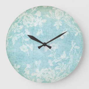 Grande Horloge Ronde Flore blanche et bleue de Shabby