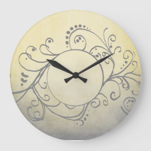 Grande Horloge Ronde Flore bohème rustique jaune et gris