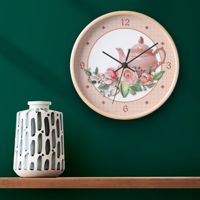 Grande Horloge Ronde Flore de théière rose (Créateur téléchargé)