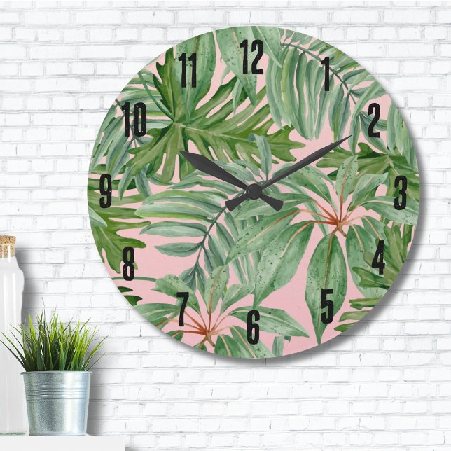 Grande Horloge Ronde Flore tropicale de feuille de palme (Simple Modern Pink Palm Leaf Tropical Floral Wall Large Clock)