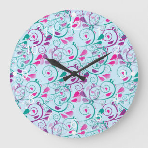 Grande Horloge Ronde Flore turquoise rose pourpre sur bleu