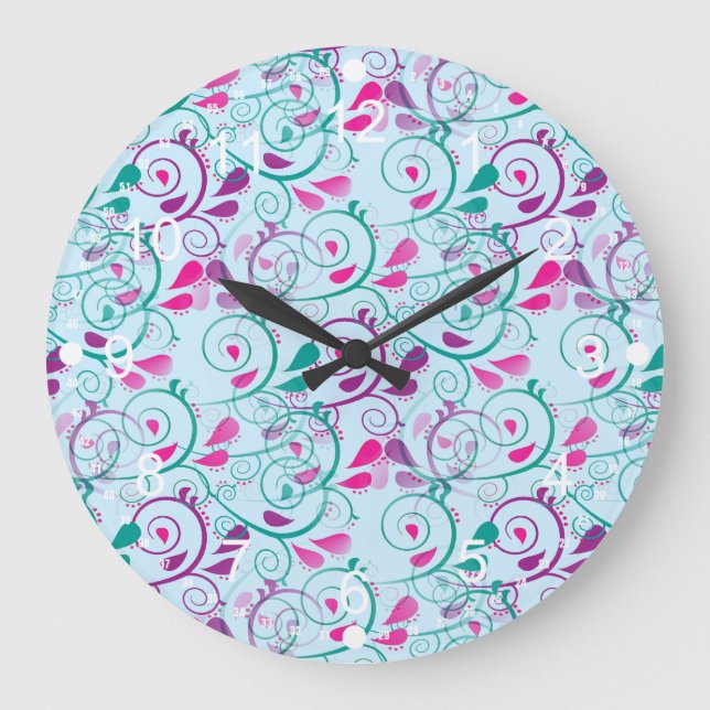 Grande Horloge Ronde Flore turquoise rose pourpre sur bleu (Recto)