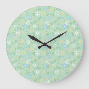 Grande Horloge Ronde Flore verte douce avec Fleurs Bleues Jaunes Blance