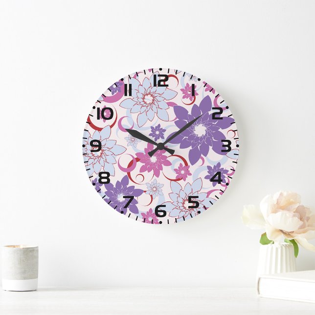Grande Horloge Ronde Flore Vibrante Motif Floral Purple Rose Fleurs Ble (Créateur téléchargé)