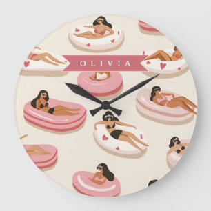 Grande Horloge Ronde Flotteur de piscine rose mignon personnalisé esthé