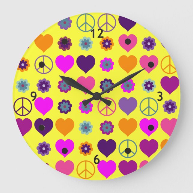 Grande Horloge Ronde Flower Power Heart Peace Motif + votre backgr. (Recto)