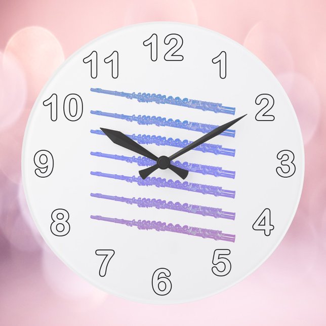 Grande Horloge Ronde Flute Vent rose bleu pourpre Nombre (A clock with flutes in pink, blue and purple and numbers in black and white.)