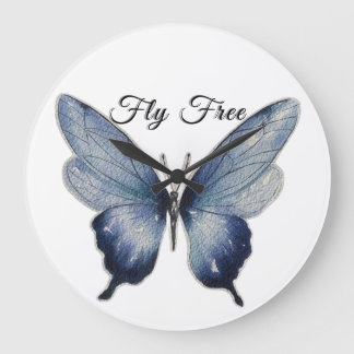 Grande Horloge Ronde Fly Free – Conception Artistique Papillon Bleu