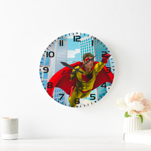 Grande Horloge Ronde Flying Superhero Comic Style rouge et jaune héros