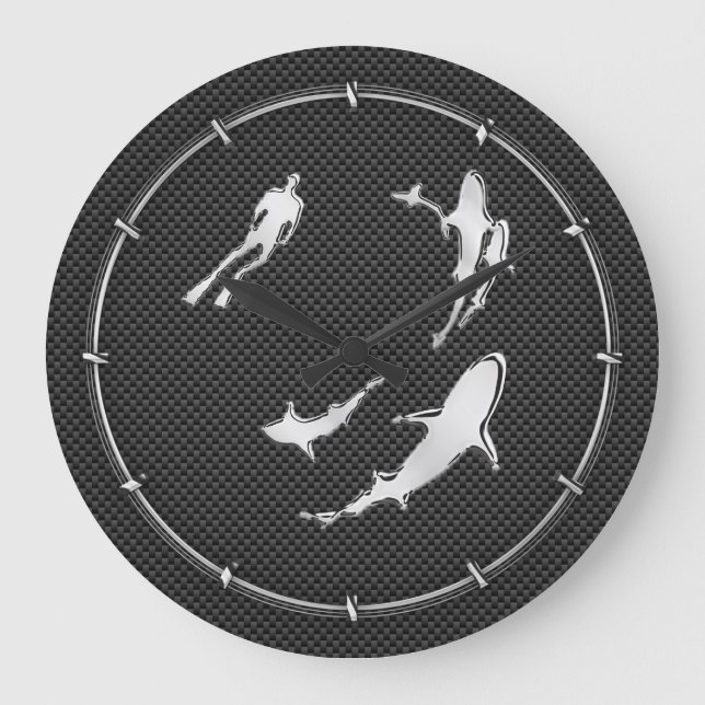 Grande Horloge Ronde Foie au chrome avec requins sur fibre de carbone (Recto)