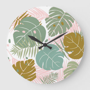 Grande Horloge Ronde Foliage Tropical - Motif Monstère Et Feuille De Pa