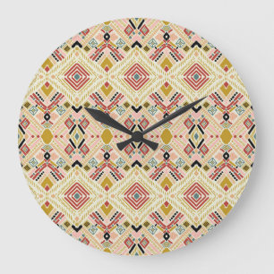 Grande Horloge Ronde folklore géométrique d'Ikat, motif damassé orienta