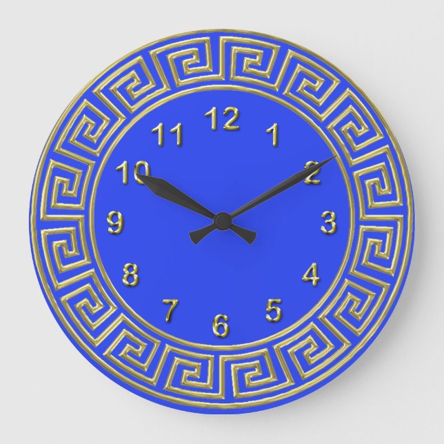 Grande Horloge Ronde Fond de bordure à clé grecque bleu or Art déco DIY (Recto)
