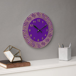 Grande Horloge Ronde Fond de bordure en clé grecque violet or Art Déco
