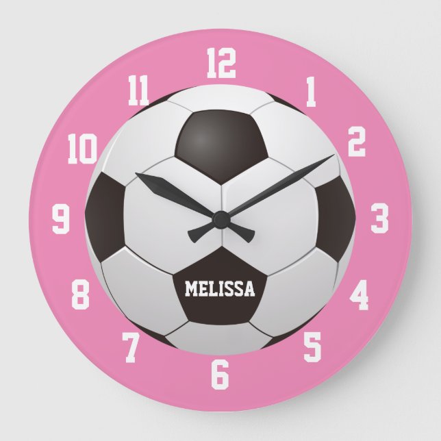 Grande Horloge Ronde Football sur mesure nom rose (Recto)
