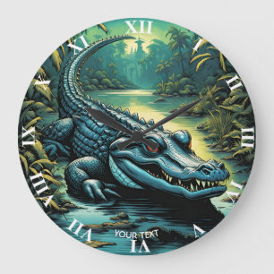 Grande Horloge Ronde Forêt Alligator de dessin animé mignon Imaginaire