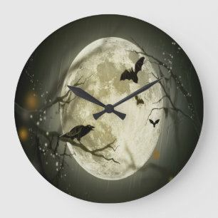 Grande Horloge Ronde Forêt d'Halloween, chauves-souris, paysage