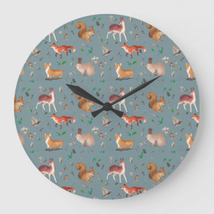 Grande Horloge Ronde forêt en aquarelle motif- bambi, renard, coney,