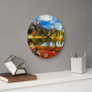 Grande Horloge Ronde Forêt Lake Mountains Colonnes d'automne Aquarelle