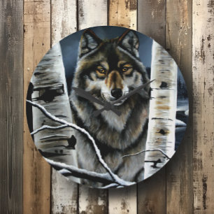 Grande Horloge Ronde Forêt mystique de bouleaux aux loups alpha en hive