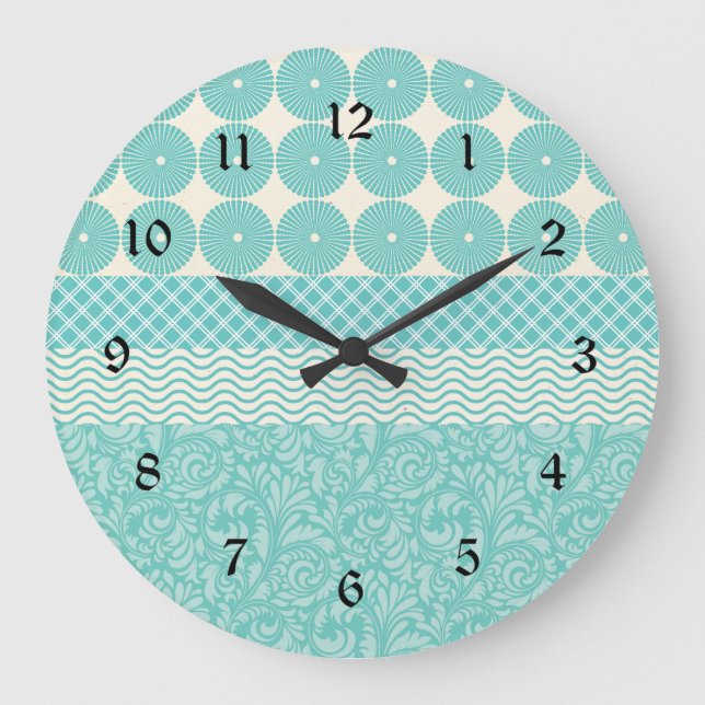 Grande Horloge Ronde Fou Turquoise Bleu Cercles Motif Floral Vague Plai (Recto)