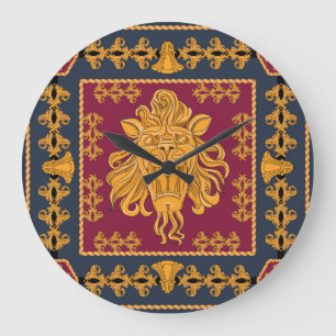 Grande Horloge Ronde Foulard à tête de lion : motif doré.