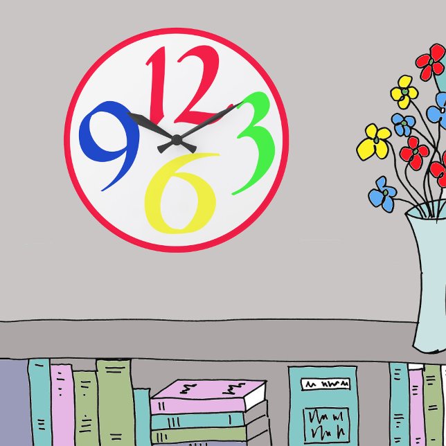 Grande Horloge Ronde Four big coloured numbers, red border (Créateur téléchargé)