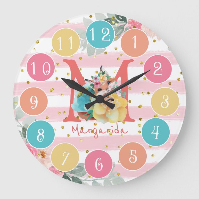 Grande Horloge Ronde Fox And Flower Illustration Baby Nursery  (Recto)
