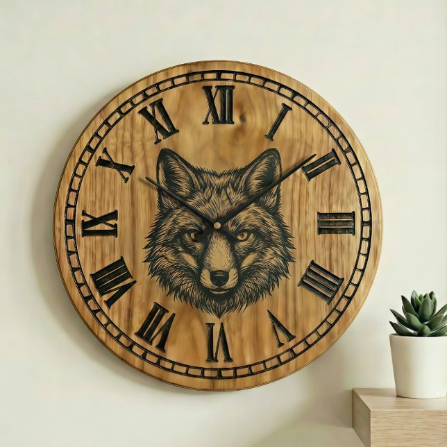 Grande Horloge Ronde Fox Wall Clock - Wildlife Wooden Style  (Créateur téléchargé)