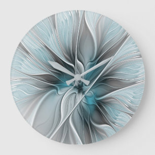 Grande Horloge Ronde Fractal Floral Moderne Abstrait Fleur Bleu Gris