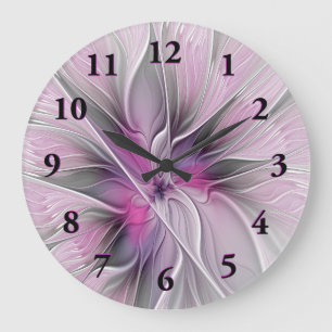 Grande Horloge Ronde Fractal Floral Moderne Abstrait Fleur Rose Gris