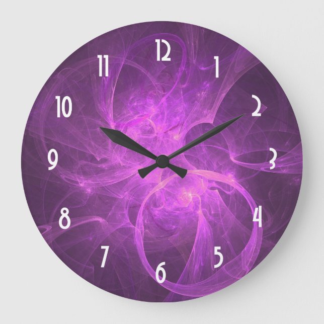 Grande Horloge Ronde Fractale Abstraite rose et violet avec cercles (Recto)