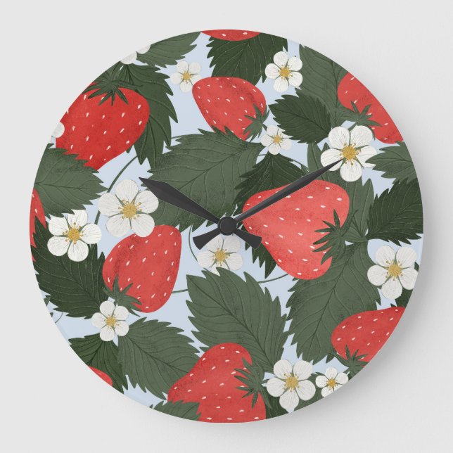 Grande Horloge Ronde Fraises : motif de fruits d'été. (Recto)