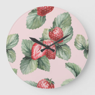 Grande Horloge Ronde Fraises mûres d'été : Aquarelle rose