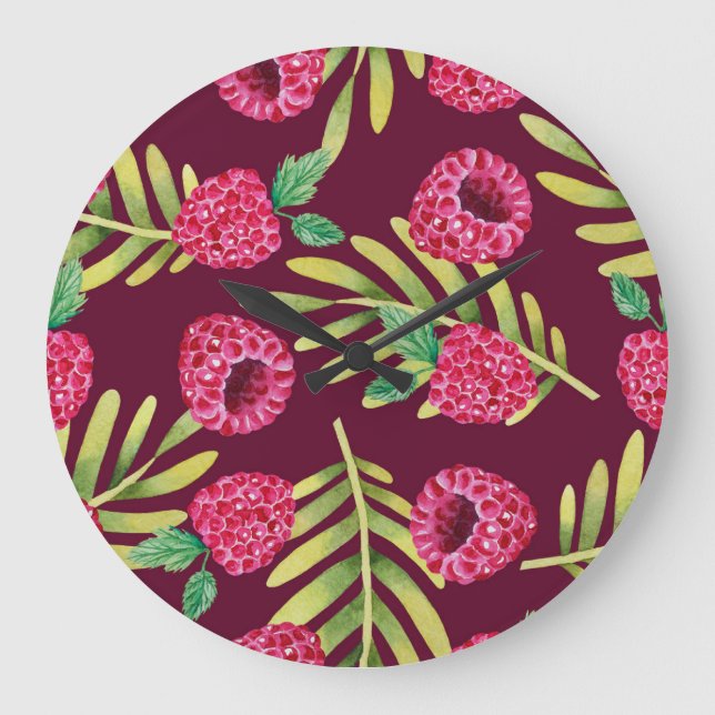 Grande Horloge Ronde Framboises aquarelles : motif de fruits rouges. (Recto)
