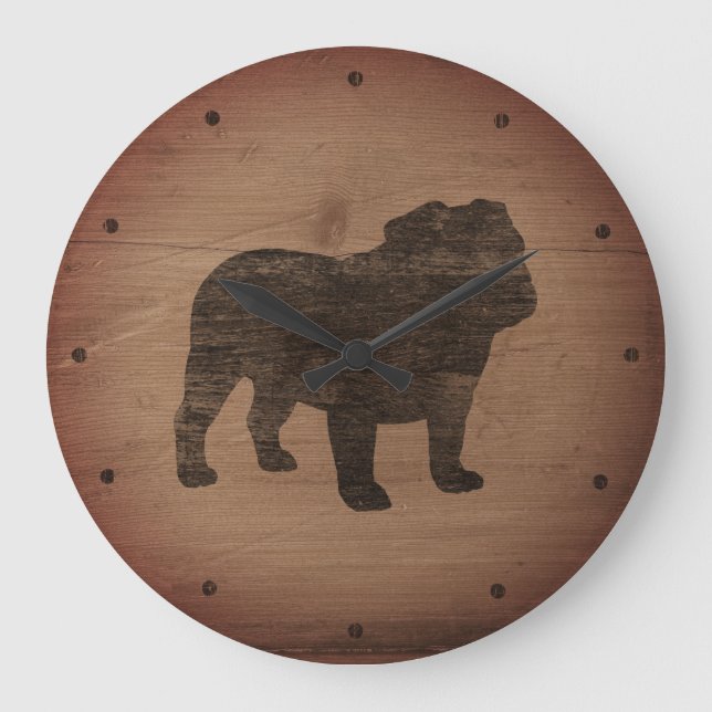 Grande Horloge Ronde Français Bulldog Silhouette Faux Bois Patiné (Recto)