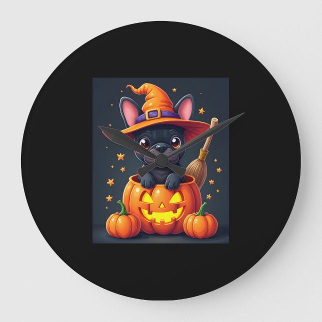 Grande Horloge Ronde Française Bulldog sorcière Citrouille Halloween Ho (Recto)
