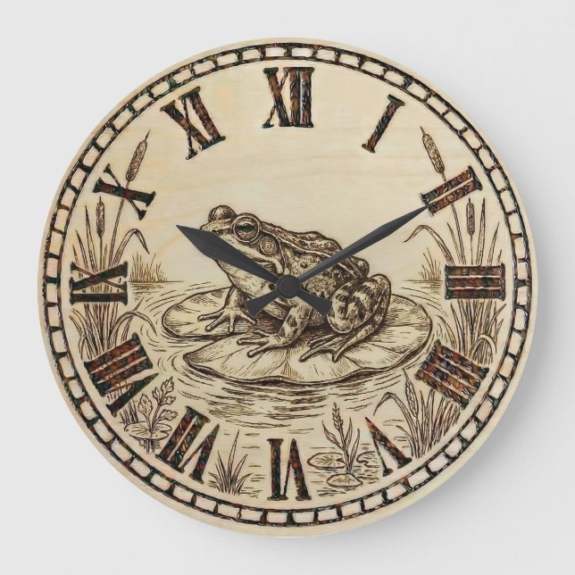 Grande Horloge Ronde Frog Wall Clock | Wood-Burned Nature Style (Recto)