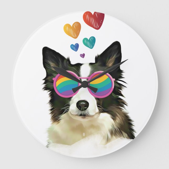 Grande Horloge Ronde Frontière Collie Chien avec Coeurs Saint-Valentin (Recto)