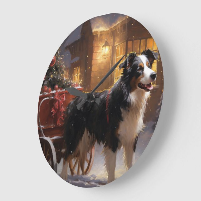 Grande Horloge Ronde Frontière Collie Festive de Noël (Angle)