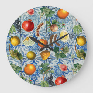 Grande Horloge Ronde Fruit d'été méditerranéen & Mosaïque Bleue Blanc