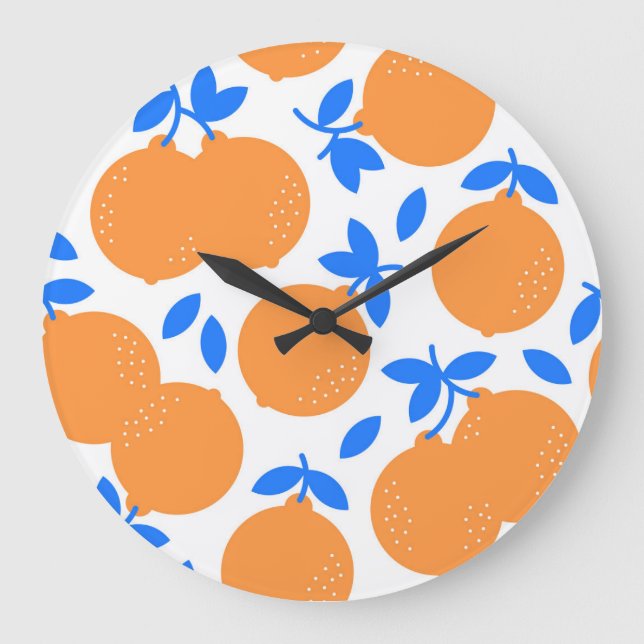 Grande Horloge Ronde Fruit orange : Motif exquis bleu-bracelet. (Recto)