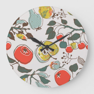 Grande Horloge Ronde Fruits assortés, motif sans couture colorée.