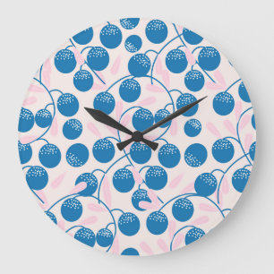 Grande Horloge Ronde Fruits bleus, feuilles roses, design sans soudure.