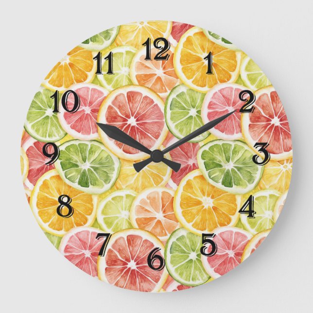 Grande Horloge Ronde Fruits Citron Vert Citron Orange Pamplemousse (Recto)