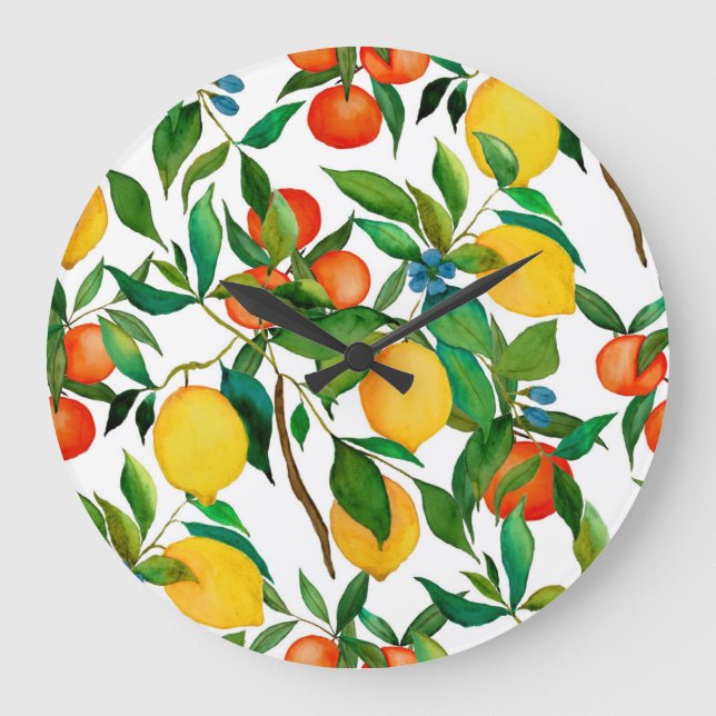 Grande Horloge Ronde Fruits d'agrumes, motif d'aquarelle vibrante. (Recto)